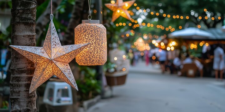 Philippine Christmas Celebration Featuring a Parol Lantern and Street Festivities, Copy Space Banner