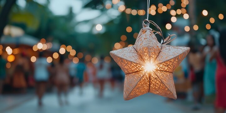 Philippine Christmas Celebration Featuring a Parol Lantern and Street Festivities, Copy Space Banner