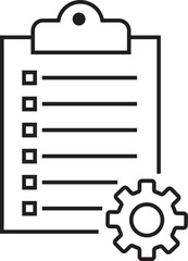 Checklist icon with check mark document gear pencil tables analytics questionnaire notes and notebooks on a clipboard symbol line vector isolated on transparent background.
