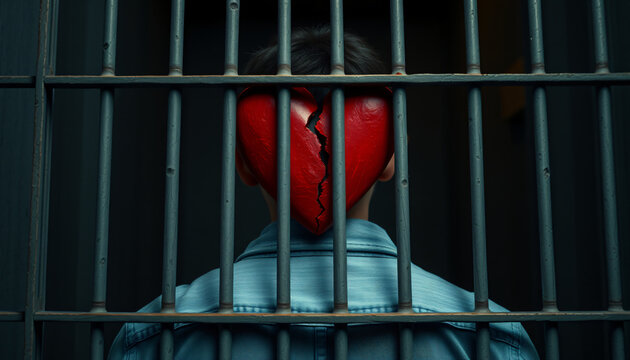 man in prison with a red broken heart, symbolizing emotional pain and heartbreak