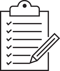 Checklist icon with check mark document gear pencil tables analytics questionnaire notes and notebooks on a clipboard symbol line vector isolated on transparent background.