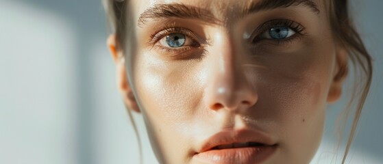Sunlight bathes a woman's face, highlighting her clear blue eyes and serene expression, capturing a moment of introspective beauty.