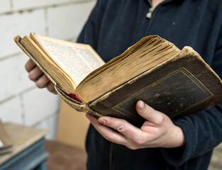 A person reading an old, worn book. Person Reading an Antique Book by the Sea.