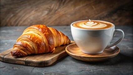 Freshly baked French croissant with a cappuccino or latte coffee cup topped with milk foam, croissant, French, baked, pastry