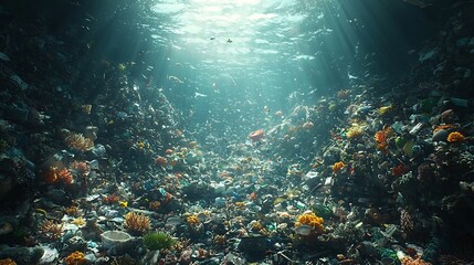 Fototapeta premium Underwater Marine Life Struggling Amidst Floating Garbage and Plastic Waste