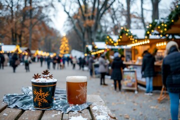 Naklejka premium Cozy Christmas Market Stall with Festive Decorations and Warm Drinks in Winter Wonderland 