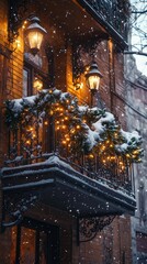 Fototapeta premium Snow-covered balcony with iron railings adorned with glowing garlands and warm lanterns, capturing the charm of winter holiday evenings.