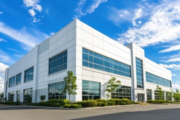 Large industrial warehouse modern white exterior blue sky background