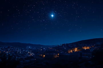 A shining star illuminates the night sky over the small town of Bethlehem, symbolizing the birth of Christ


