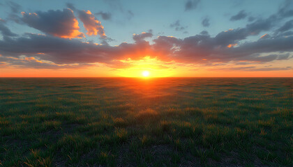 Fototapeta premium Vibrant sunset over a vast, grassy plain.