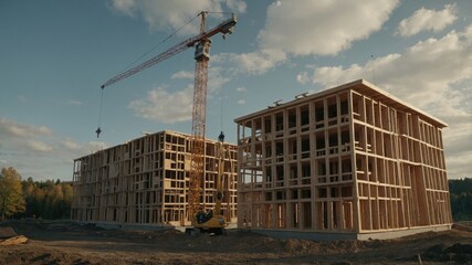 Modern apartment complex under construction with tall crane and wooden frame structure against cloudy sky, showcasing residential development progress
