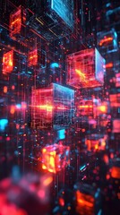 Fototapeta premium Digital filing system with glowing floating cubes representing files, set against a virtual background of circuits and dynamic light effects.