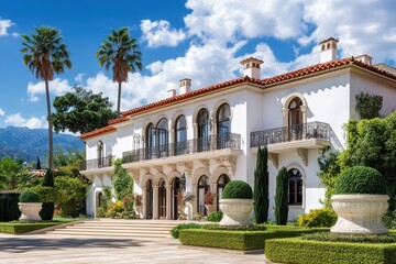 Fototapeta premium Luxurious Mediterranean villa white stucco walls terracotta roof tiles ornate balconies