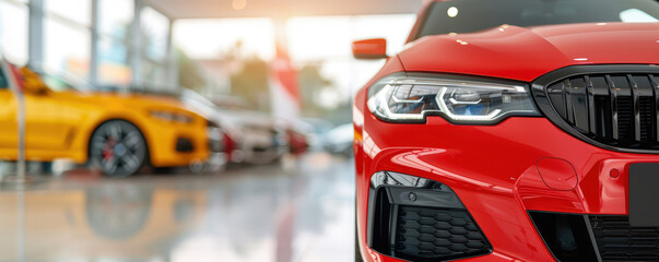 A red and black car in a modern showroom, illustrating the concept of car sales, rentals, and leasing in a luxury car dealership environment. Modern car sales, rental, and leasing strategies.