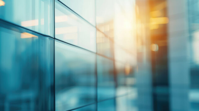 A scene depicting a detailed close-up of a blurred glass facade of a contemporary office building, ideal for a corporate background concept, emphasizing the abstract and modern design elements - Powered by Adobe