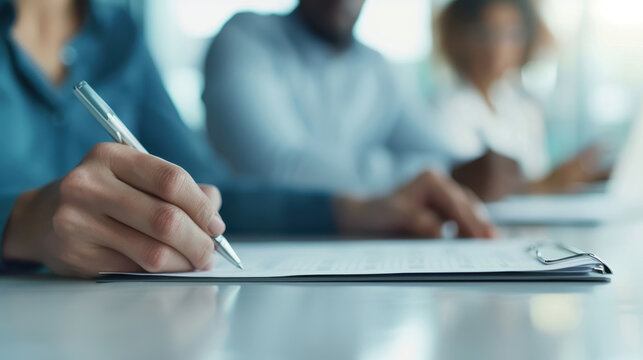 Close-up of debrief notes with a business team in a collaborative review session, focusing on key moments from a recent negotiation and discussing next steps for success