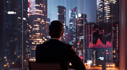 Business professional analyzing stock market data with bustling city nightscape