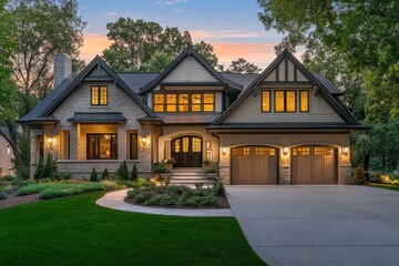 Obraz premium luxurious suburban home craftsman style architecture twilight exterior warm glowing windows