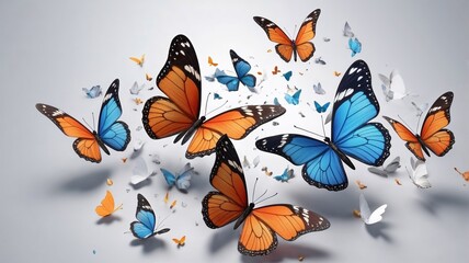 Hand drawn watercolor seamless pattern with colorful tropical butterflies on the white background.