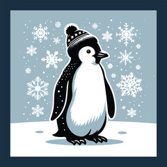 Penguin wearing hat standing Snowy Snowflakes Ground