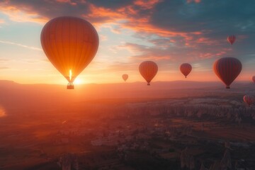 Fototapeta premium A breathtaking view of colorful hot air balloons gracefully gliding over a serene landscape at sunset.