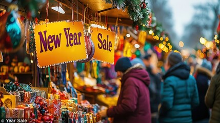 Naklejka premium Vibrant atmosphere of the new year sale at a festive market in winter