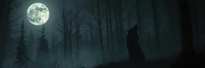 Fototapeta premium Dark and mystical forest background with a silhouette of a howling wolf under a full moon, moon, nature