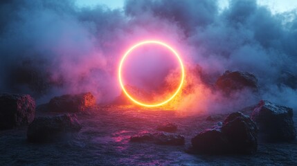 Multicolored neon glowing circle on a black background with fog. Background for text. Advertising banner.