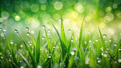 Fototapeta premium Green grass background with dew drops, lush, vibrant, nature, environment, fresh, spring, outdoors, landscape, vegetation, meadow