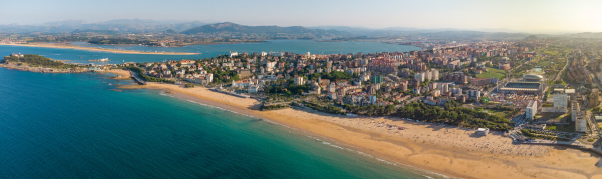 Panoramic aerial view of Santander city. View of El Sardinero Beach. Famous travel destination in North of Spain. Turquoise water colour. Aerial photography.