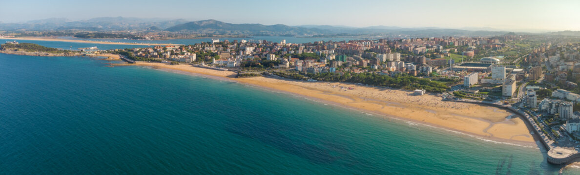 Panoramic aerial view of Santander city. View of El Sardinero Beach. Famous travel destination in North of Spain. Turquoise water colour. Aerial photography.