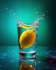 Grass of water liquid splash with citrus lemon fruit