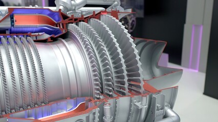 Detailed Cutaway View of Advanced Jet Engine Turbine Components and Design Elements. Media