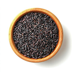 Black rice in wooden bowl isolated on white background.