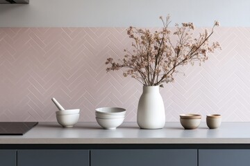 Fototapeta premium Minimalist kitchen counter pink herringbone backsplash gray lower cabinets