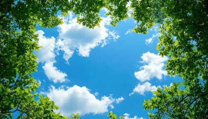 A blank blue sky with fluffy clouds, framed by green tree branches, providing a serene copy space image.