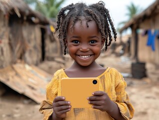 Smiling Refugee Girl Accessing Education Resources on Mobile Device in Remote Village