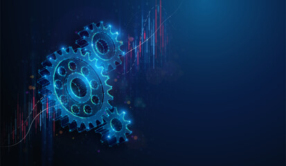 Abstract illustration of low poly gears over stock market graph. Geometric background depicting engineering development and manufacturing industry market growth financial concept by wireframe mesh
