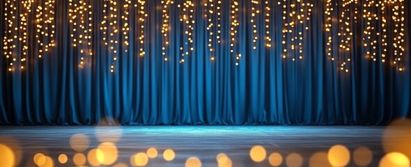 Banner with blue heavy curtains, garland and bokeh effect. Blue background with curtains. Theater curtains against a background of bright light bulbs.