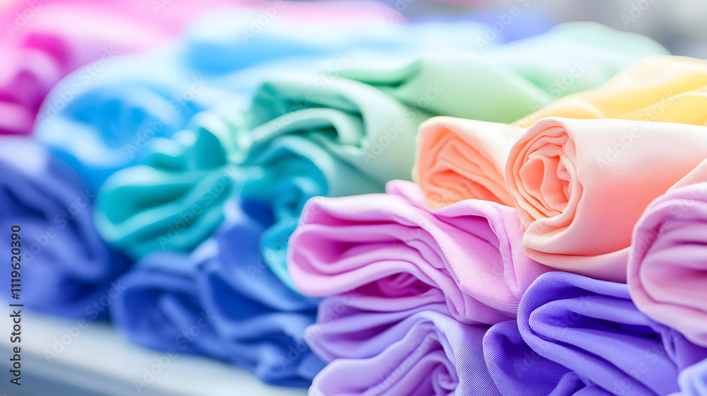 Poster a close-up view of neatly rolled colorful fabrics, showcasing a variety of soft textures and hues, a