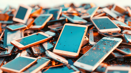 Overconsumption, A chaotic pile of discarded smartphones, showcasing e-waste and the growing problem of electronic pollution.