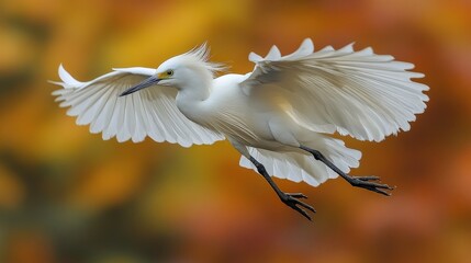 Obraz premium Majestic White Bird in Flight Against a Colorful Autumn Background Showcasing Graceful Wings and Elegant Posture in Natural Habitat
