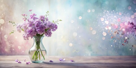 A delicate bouquet of lavender blossoms in a clear glass vase sits on a rustic wooden table against a dreamy, bokeh-filled backdrop