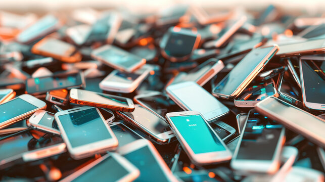 Overconsumption, A cluttered pile of smartphones, showcasing various models and colors, reflecting the growing issue of electronic waste in modern society.