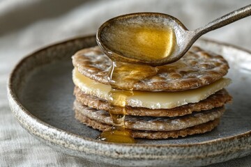 Fototapeta premium Transparent honey drips onto a cracker or pancake from a honey spoon. An environmentally friendly farm product. Dessert with honey. Cookies with caramel. Wallpaper with baked goods.