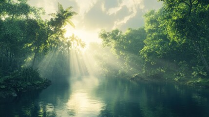Fototapeta premium Sunbeams pierce through a misty jungle canopy, illuminating a tranquil river.
