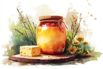 Farm products stand on a table on a beige background. Milk, cheese, butter, organic products. Wallpaper with Dairy products. Copy space.