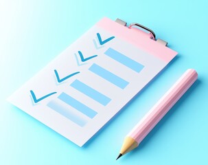 3D icon of an empty checklist with checkmarks and a pencil, in a blue and pink minimalistic design 