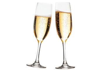 Two elegant champagne flutes filled with bubbling champagne are standing on a transparent background