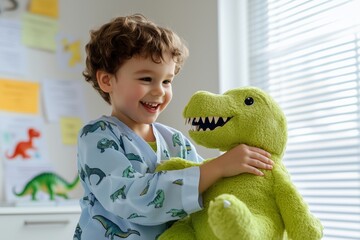 Happy Child in Dinosaur Pajamas Playing with Plush Toy in Sunlit Room - Trendy Stock Photography of Joyful Childhood Moments